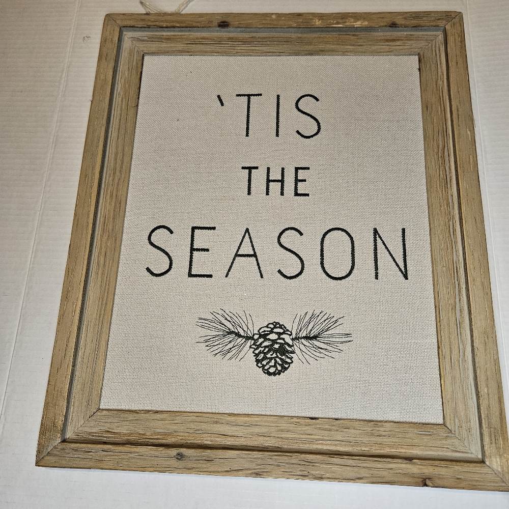 'Tis The Season Christmas Wall Decor Wood Framed Holiday Wall Art Burlap 16"x 9"